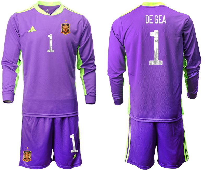 Men 2021 World Cup NationalSpain purple long sleeved Goalkeeper #1 Soccer Jerseys1->->Soccer Country Jersey